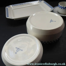 Load image into Gallery viewer, GERMAN ART DECO Waechtersbach Small Group of Cup &amp; Saucer, Oblong Plate and Two Bowls:  with Simple Blue and White Checked Rim
