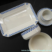 Load image into Gallery viewer, GERMAN ART DECO Waechtersbach Small Group of Cup &amp; Saucer, Oblong Plate and Two Bowls:  with Simple Blue and White Checked Rim
