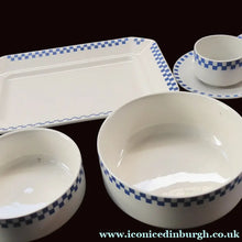 Load image into Gallery viewer, GERMAN ART DECO Waechtersbach Small Group of Cup &amp; Saucer Oblong Plate and Two Bowls: with Simple Blue and White
