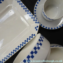 Load image into Gallery viewer, GERMAN ART DECO Waechtersbach Small Group of Cup &amp; Saucer, Oblong Plate and Two Bowls:  with Simple Blue and White Checked Rim

