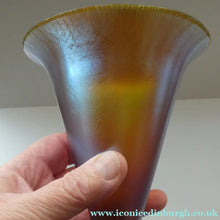 Load image into Gallery viewer, German WMF "Myra Kristal" Glass Trumpet Shape Vase with Stunning Blue and Gold Iridescent Lustres
