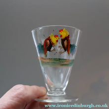 Load image into Gallery viewer, Vintage 1930s Glass Cockerel / Rooster Glass Decanter and 6 Matching Shot Glasses. Rare Cock Fighting Images
