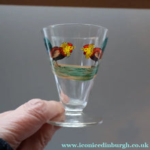 Load image into Gallery viewer, Vintage 1930s Glass Cockerel / Rooster Glass Decanter and 6 Matching Shot Glasses. Rare Cock Fighting Images
