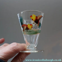 Load image into Gallery viewer, Vintage 1930s Glass Cockerel / Rooster Glass Decanter and 6 Matching Shot Glasses. Rare Cock Fighting Images
