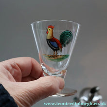 Load image into Gallery viewer, Vintage 1930s Glass Cockerel / Rooster Glass Decanter and 6 Matching Shot Glasses. Rare Cock Fighting Images
