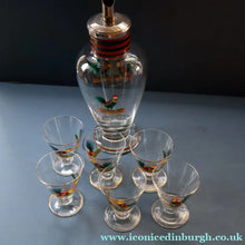 Load image into Gallery viewer, Vintage 1930s Glass Cockerel / Rooster Glass Decanter and 6 Matching Shot Glasses. Rare Cock Fighting Images
