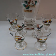 Load image into Gallery viewer, Vintage 1930s Glass Cockerel / Rooster Glass Decanter and 6 Matching Shot Glasses. Rare Cock Fighting Images
