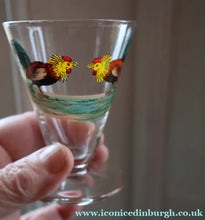 Load image into Gallery viewer, Vintage 1930s Glass Cockerel / Rooster Glass Decanter and 6 Matching Shot Glasses. Rare Cock Fighting Images
