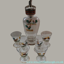 Load image into Gallery viewer, Vintage 1930s Glass Cockerel / Rooster Glass Decanter and 6 Matching Shot Glasses. Rare Cock Fighting Images
