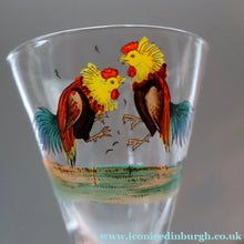 Load image into Gallery viewer, Vintage 1930s Glass Cockerel / Rooster Glass Decanter and 6 Matching Shot Glasses. Rare Cock Fighting Images
