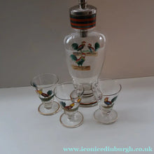Load image into Gallery viewer, Vintage 1930s Glass Cockerel / Rooster Glass Decanter and 6 Matching Shot Glasses. Rare Cock Fighting Images
