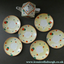 Load image into Gallery viewer, 1930s Hancock's Ivory Ware ART DECO Miniature or Cabinet Tea Set Embellished with Random Multi-Colour Dots
