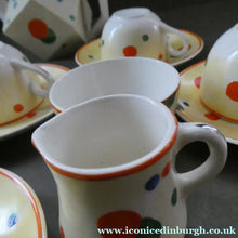 Load image into Gallery viewer, 1930s Hancock's Ivory Ware ART DECO Miniature or Cabinet Tea Set Embellished with Random Multi-Colour Dots
