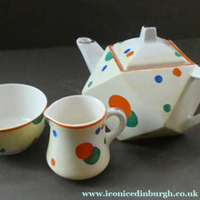 Load image into Gallery viewer, 1930s Hancock's Ivory Ware ART DECO Miniature or Cabinet Tea Set Embellished with Random Multi-Colour Dots
