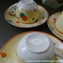 Load image into Gallery viewer, 1930s Hancock's Ivory Ware ART DECO Miniature or Cabinet Tea Set Embellished with Random Multi-Colour Dots
