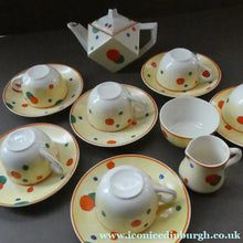 Load image into Gallery viewer, 1930s Hancock's Ivory Ware ART DECO Miniature or Cabinet Tea Set Embellished with Random Multi-Colour Dots
