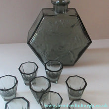Load image into Gallery viewer, 1930s Czechoslovakian  Schlevogt Bacchus Decanter  &amp; Shot Glasses
