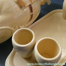 Load image into Gallery viewer, Quirky 1930s JAPANESE Ceramic Decanter, Stand and Four Shot Glasses. TENNIS PLAYER
