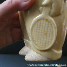 Load image into Gallery viewer, Quirky 1930s JAPANESE Ceramic Decanter, Stand and Four Shot Glasses. TENNIS PLAYER
