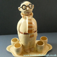 Load image into Gallery viewer, Quirky 1930s JAPANESE Ceramic Decanter, Stand and Four Shot Glasses. TENNIS PLAYER
