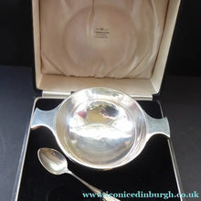 Load image into Gallery viewer, 1930s Large Size SOLID SILVER Quaich. Stylish Deco Shape in Original Box. Hallmarked 1936 and Inscribed "Ann" on the side
