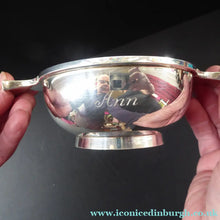 Load image into Gallery viewer, 1930s Large Size SOLID SILVER Quaich. Stylish Deco Shape in Original Box. Hallmarked 1936 and Inscribed "Ann" on the side
