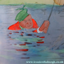 Load image into Gallery viewer, 1930s NOVELTY Golfing Glass Decanter. Decorated with Hand-Painted Comical Golfing Illustration - and with Fabulous Scotsman's Head Stopper
