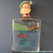Load image into Gallery viewer, 1930s NOVELTY Golfing Glass Decanter. Decorated with Hand-Painted Comical Golfing Illustration - and with Fabulous Scotsman's Head Stopper
