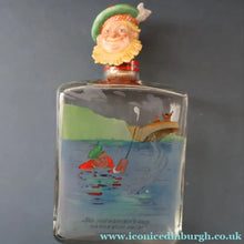 Load image into Gallery viewer, 1930s NOVELTY Golfing Glass Decanter. Decorated with Hand-Painted Comical Golfing Illustration - and with Fabulous Scotsman's Head Stopper
