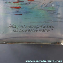 Load image into Gallery viewer, 1930s NOVELTY Golfing Glass Decanter. Decorated with Hand-Painted Comical Golfing Illustration - and with Fabulous Scotsman's Head Stopper
