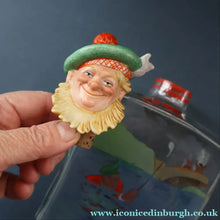 Load image into Gallery viewer, 1930s NOVELTY Golfing Glass Decanter. Decorated with Hand-Painted Comical Golfing Illustration - and with Fabulous Scotsman's Head Stopper

