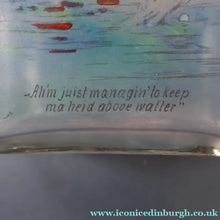 Load image into Gallery viewer, 1930s NOVELTY Golfing Glass Decanter. Decorated with Hand-Painted Comical Golfing Illustration - and with Fabulous Scotsman's Head Stopper
