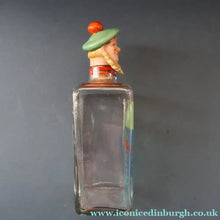 Load image into Gallery viewer, 1930s NOVELTY Golfing Glass Decanter. Decorated with Hand-Painted Comical Golfing Illustration - and with Fabulous Scotsman's Head Stopper
