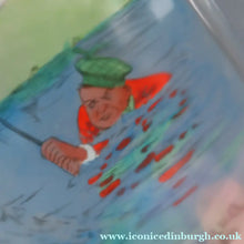 Load image into Gallery viewer, 1930s NOVELTY Golfing Glass Decanter. Decorated with Hand-Painted Comical Golfing Illustration - and with Fabulous Scotsman's Head Stopper

