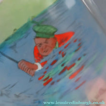 Load image into Gallery viewer, 1930s NOVELTY Golfing Glass Decanter. Decorated with Hand-Painted Comical Golfing Illustration - and with Fabulous Scotsman's Head Stopper
