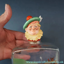 Load image into Gallery viewer, 1930s NOVELTY Golfing Glass Decanter. Decorated with Hand-Painted Comical Golfing Illustration - and with Fabulous Scotsman's Head Stopper
