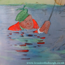 Load image into Gallery viewer, 1930s NOVELTY Golfing Glass Decanter. Decorated with Hand-Painted Comical Golfing Illustration - and with Fabulous Scotsman's Head Stopper
