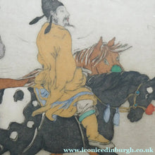 Load image into Gallery viewer, 1930s Hand Coloured Etching by Elyse Lord. Chinese Warriors on Horseback
