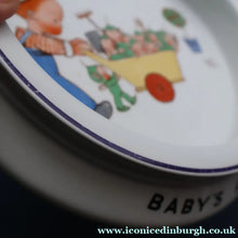 Load image into Gallery viewer, 1930s SHELLEY POTTERY Mabel Lucie Attwell Heavy Baby Plate. Gardening Image with Boo Boos in Wheelbarrow

