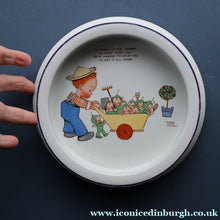Load image into Gallery viewer, 1930s SHELLEY POTTERY Mabel Lucie Attwell Heavy Baby Plate. Gardening Image with Boo Boos in Wheelbarrow
