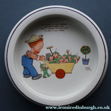 Load image into Gallery viewer, 1930s SHELLEY POTTERY Mabel Lucie Attwell Heavy Baby Plate. Gardening Image with Boo Boos in Wheelbarrow
