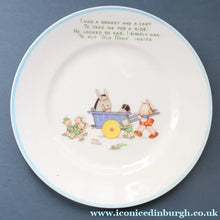 Load image into Gallery viewer, 1930s SHELLEY POTTERY Mabel Lucie Attwell Side Plate. Vintage Donkey Being Pushed by Boo Boos in a Wheelbarrow Image.  6 inches (Copy)
