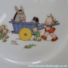 Load image into Gallery viewer, 1930s SHELLEY POTTERY Mabel Lucie Attwell Side Plate. Vintage Donkey Being Pushed by Boo Boos in a Wheelbarrow Image.  6 inches (Copy)
