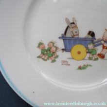 Load image into Gallery viewer, 1930s SHELLEY POTTERY Mabel Lucie Attwell Side Plate. Vintage Donkey Being Pushed by Boo Boos in a Wheelbarrow Image.  6 inches (Copy)
