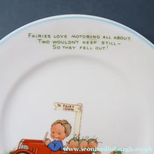Load image into Gallery viewer, 1930s SHELLEY POTTERY Mabel Lucie Attwell Side Plate. Vintage Motoring Plus Five Boo Boos Image.  6 inches
