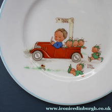 Load image into Gallery viewer, 1930s SHELLEY POTTERY Mabel Lucie Attwell Side Plate. Vintage Motoring Plus Five Boo Boos Image.  6 inches
