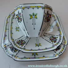 Load image into Gallery viewer, 1930s Shelley TRIO QUEEN ANNE Shape. Beautiful Art Deco Cup, Saucer &amp; Side Plate with Rarer Coloured Fruits Tree Pattern

