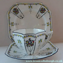 Load image into Gallery viewer, 1930s Shelley TRIO QUEEN ANNE Shape. Beautiful Art Deco Cup Saucer &amp; Side Plate with Rarer Coloured Fruits Tree Pattern
