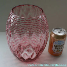 Load image into Gallery viewer, 1930s STEVENS AND WILLIAMS Glass Cerise Pink Threaded Vase With Golf Ball Pattern. 8 inches high
