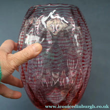 Load image into Gallery viewer, 1930s STEVENS AND WILLIAMS Glass Cerise Pink Threaded Vase With Golf Ball Pattern. 8 inches high
